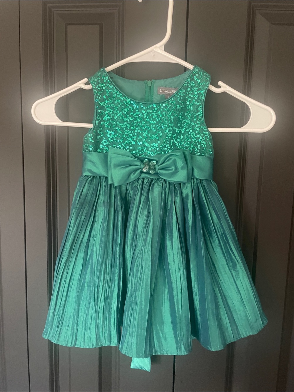 Kids Emerald Sequin & Satin Bow Formal Dress